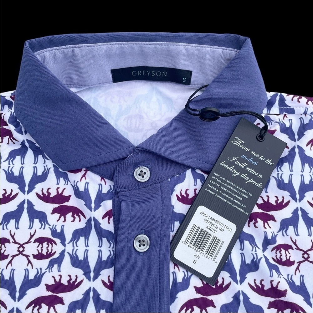 Greyson Golf Wolf Labyrinth Print Short Sleeve Polo Shirt Arctic Small $118